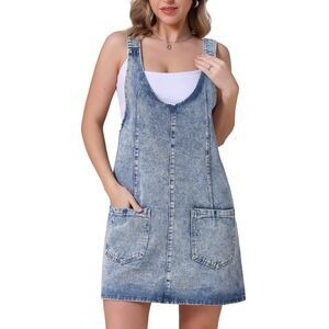 Denim Overalls Roller Romper Casual Sleeveless Pinafore Mini Dresses Light Blue